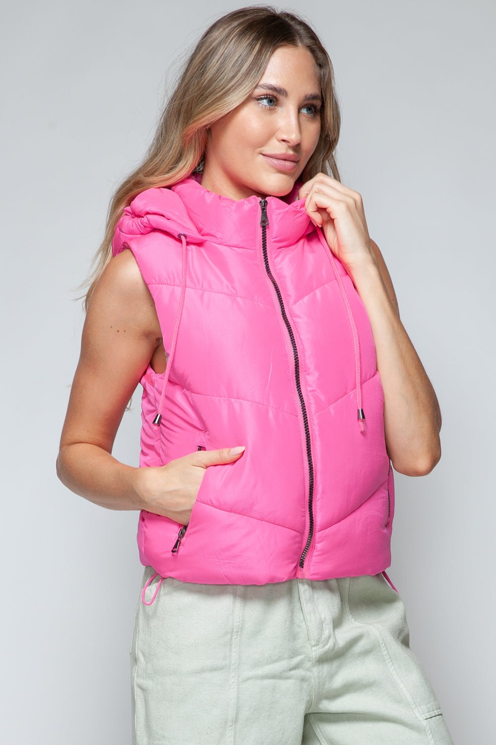 SNOBBISH - Zip Up Quilted Hooded Vest in Pink