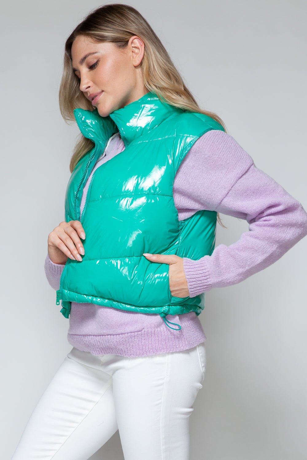 SNOBBISH - Zip Up Turtleneck Quilted Vest in Green