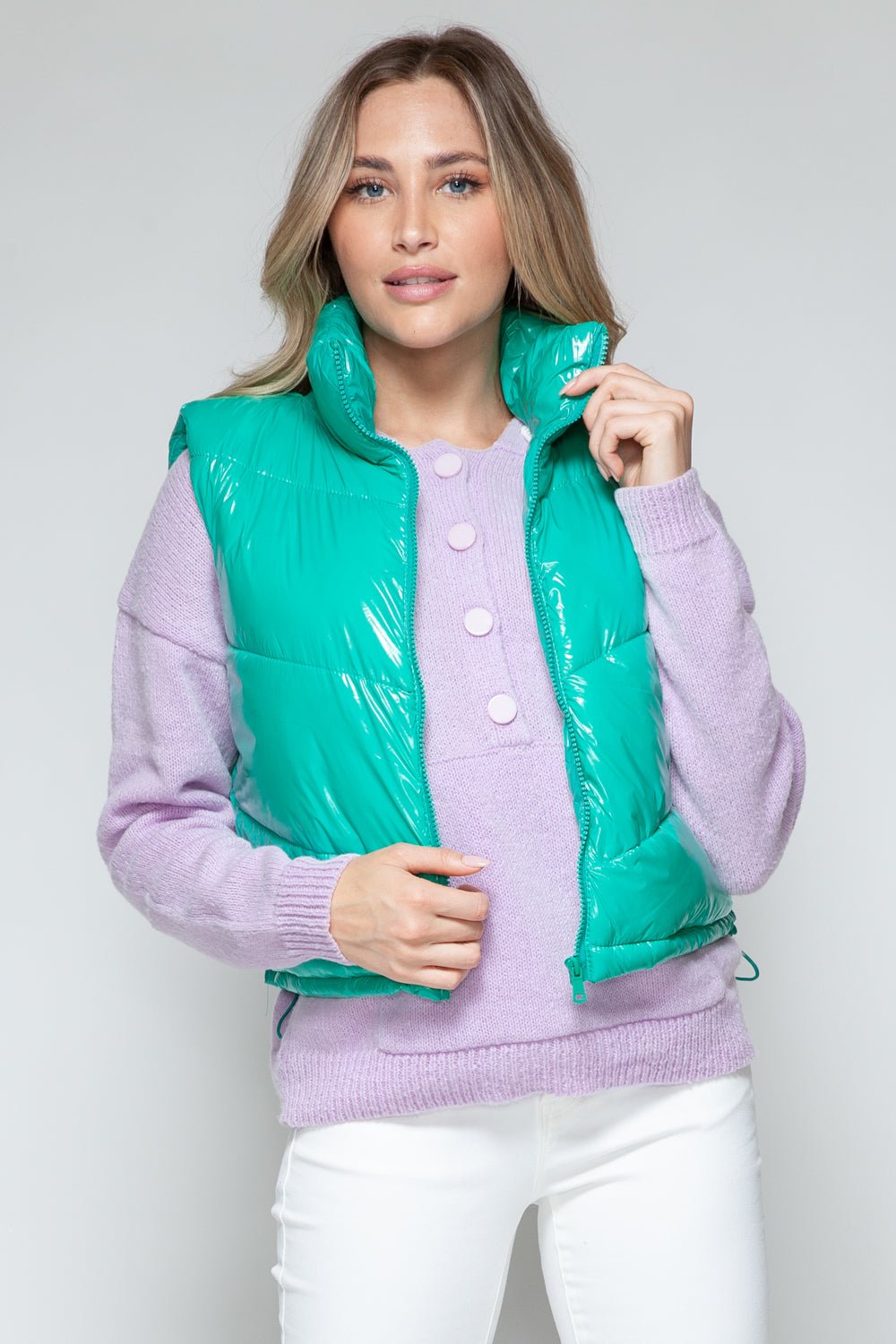 SNOBBISH - Zip Up Turtleneck Quilted Vest in Green