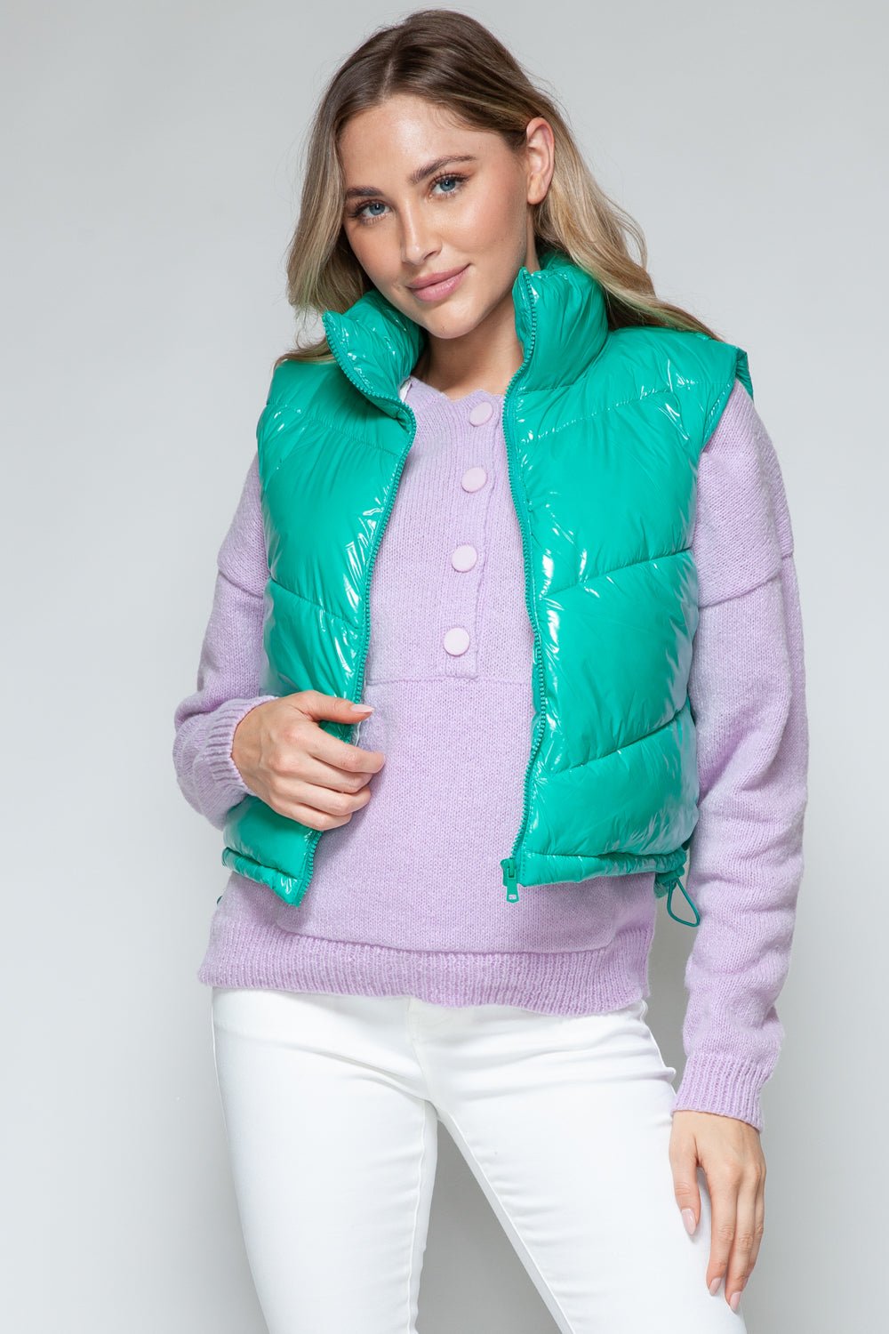 SNOBBISH - Zip Up Turtleneck Quilted Vest in Green