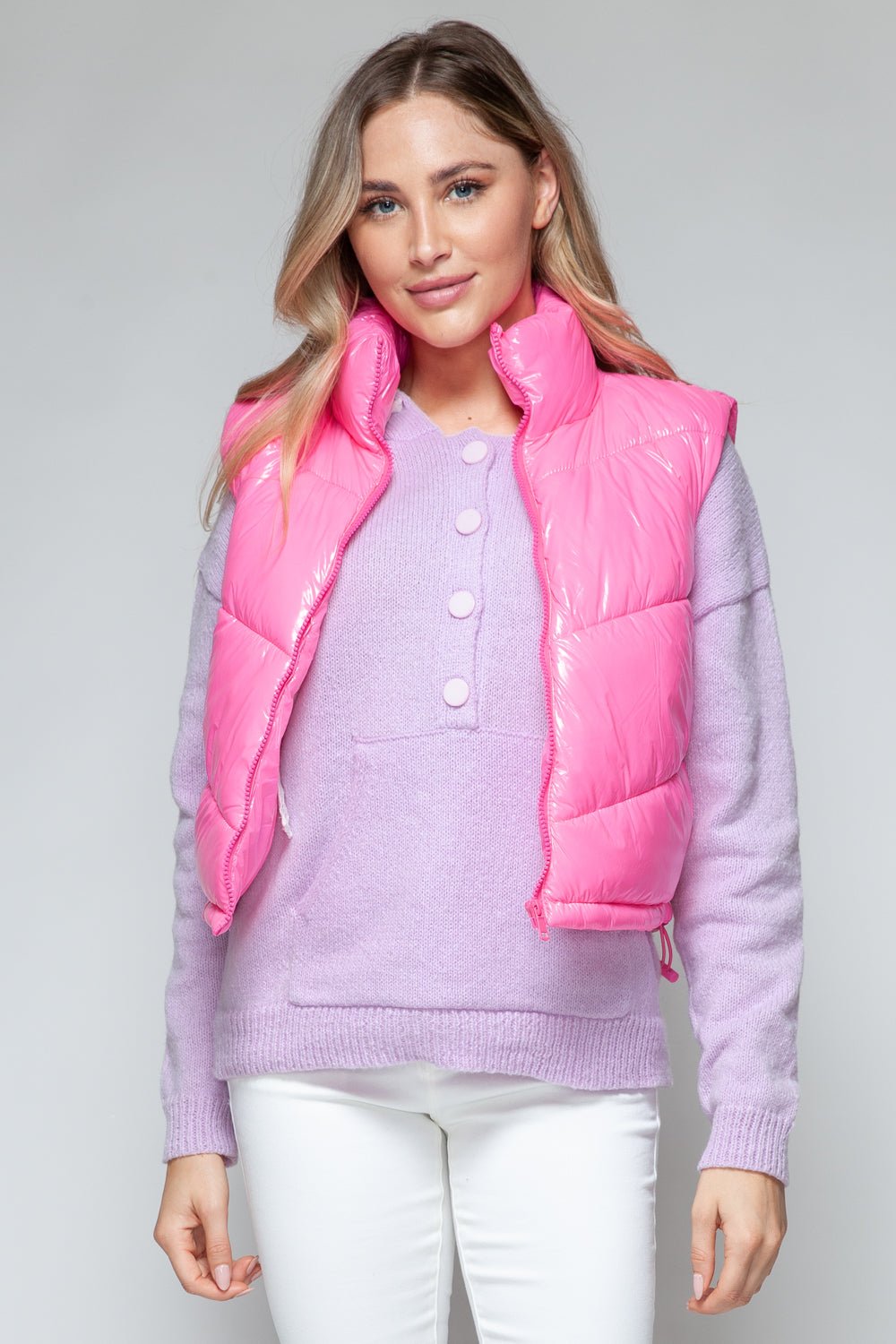 SNOBBISH - Zip Up Turtleneck Quilted Vest in Hot Pink