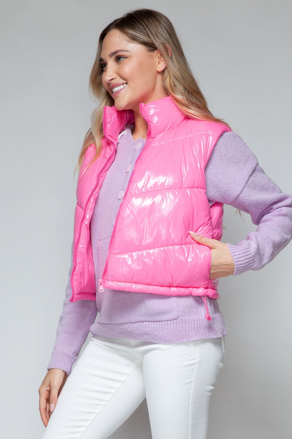 SNOBBISH - Zip Up Turtleneck Quilted Vest in Hot Pink