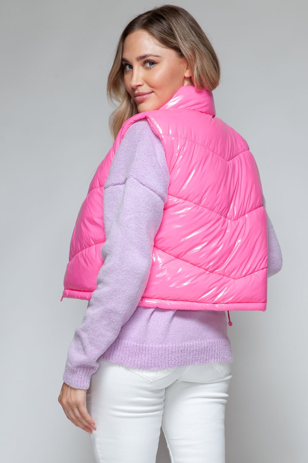 SNOBBISH - Zip Up Turtleneck Quilted Vest in Hot Pink