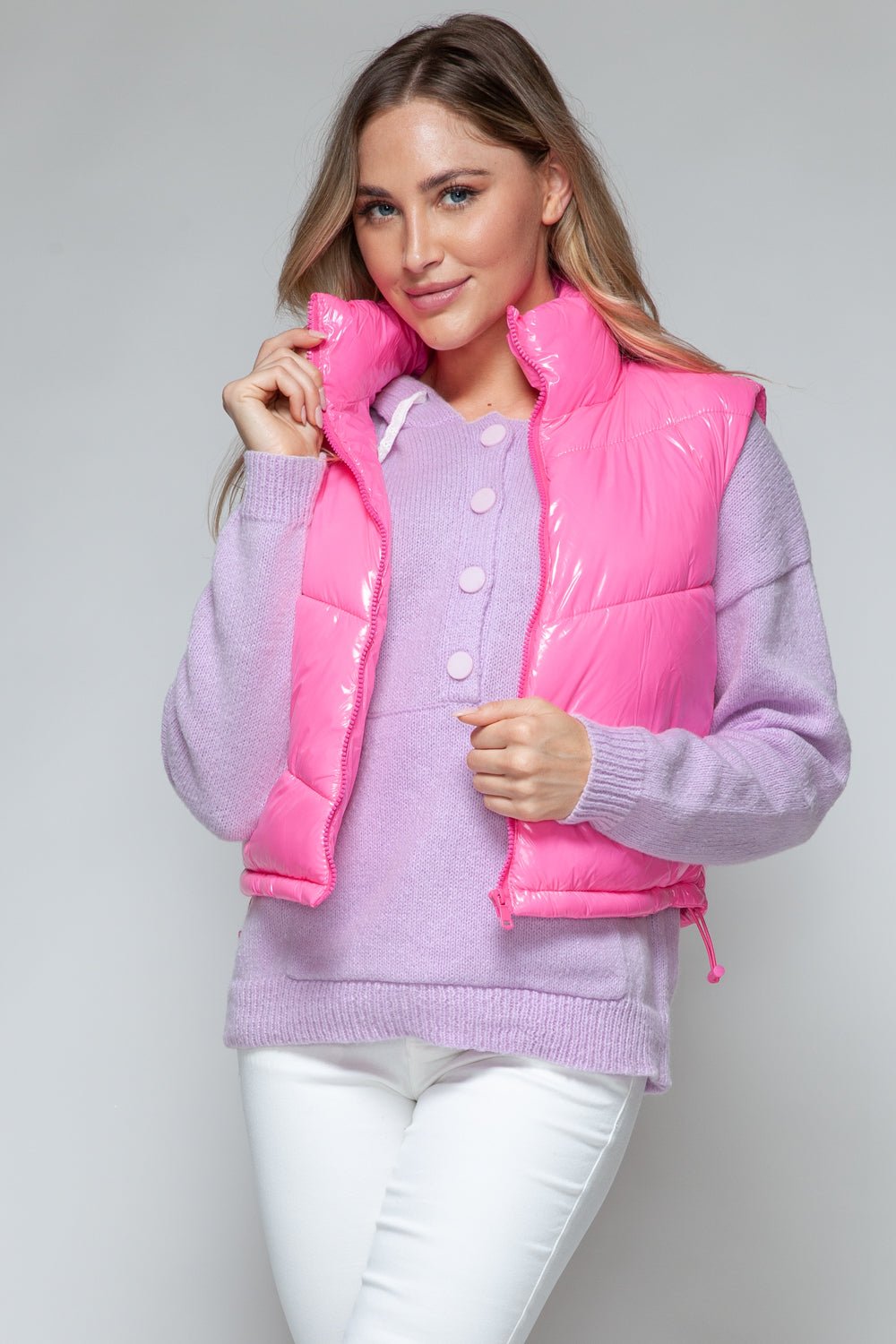 SNOBBISH - Zip Up Turtleneck Quilted Vest in Hot Pink