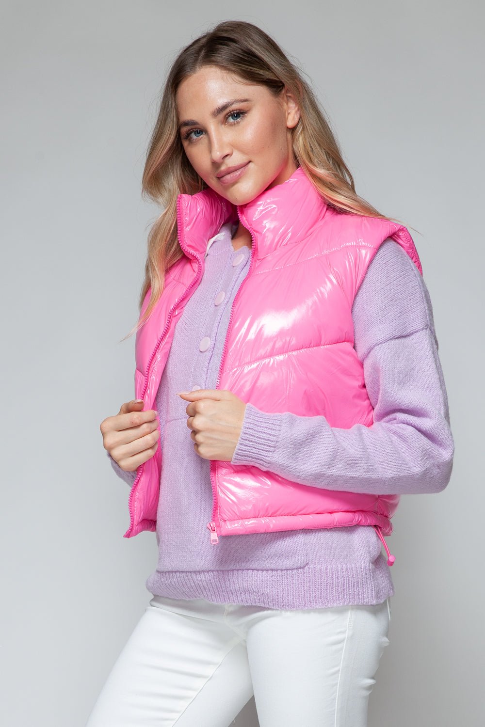 SNOBBISH - Zip Up Turtleneck Quilted Vest in Hot Pink