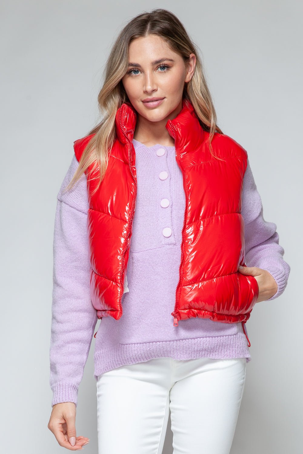 SNOBBISH - Zip Up Turtleneck Quilted Vest in Red