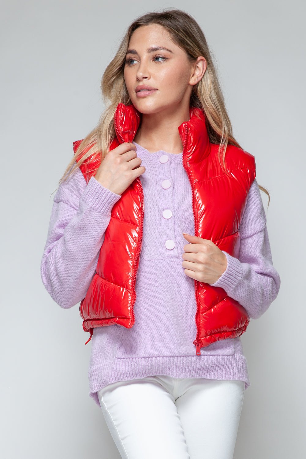 SNOBBISH - Zip Up Turtleneck Quilted Vest in Red