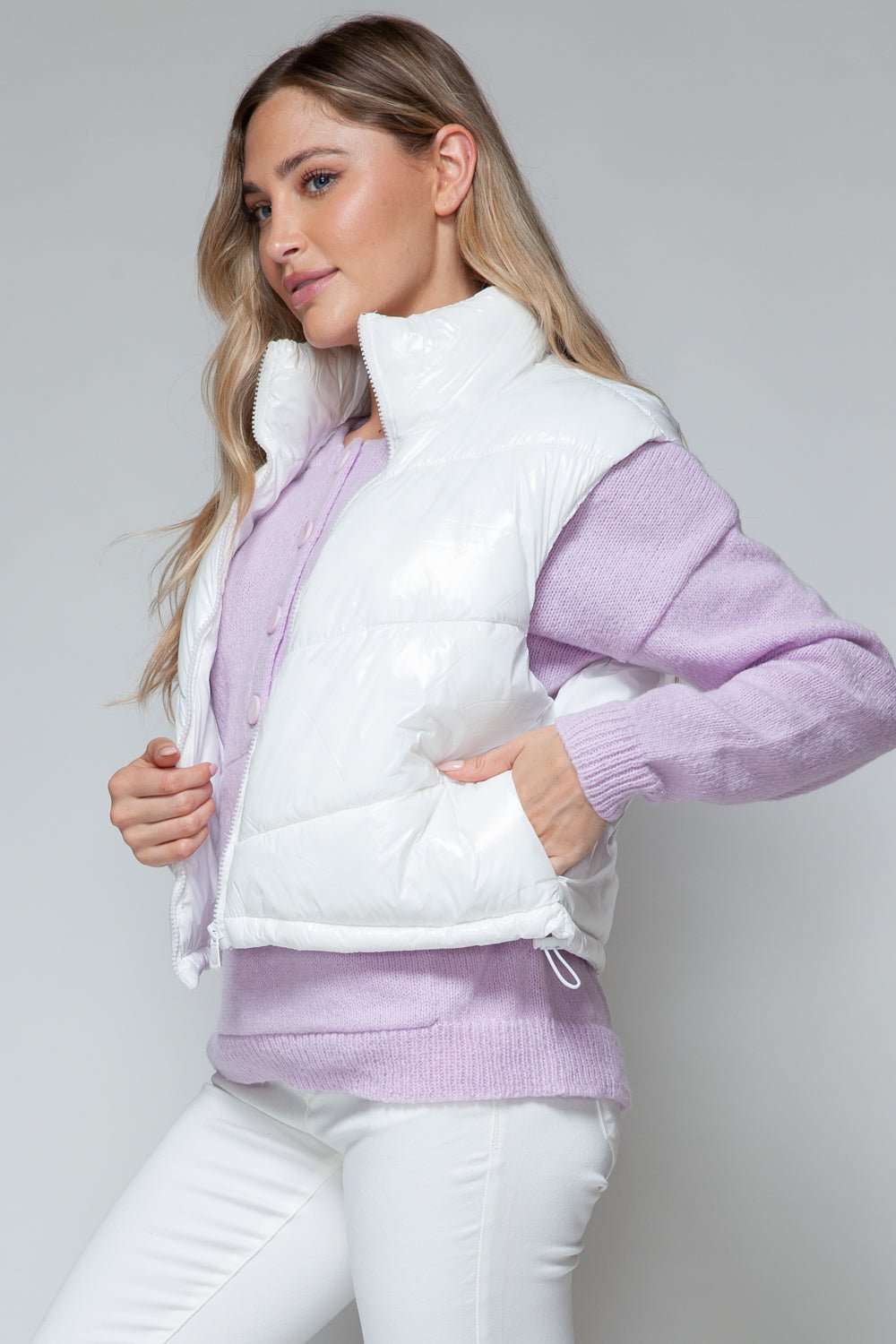 SNOBBISH - Zip Up Turtleneck Quilted Vest in White