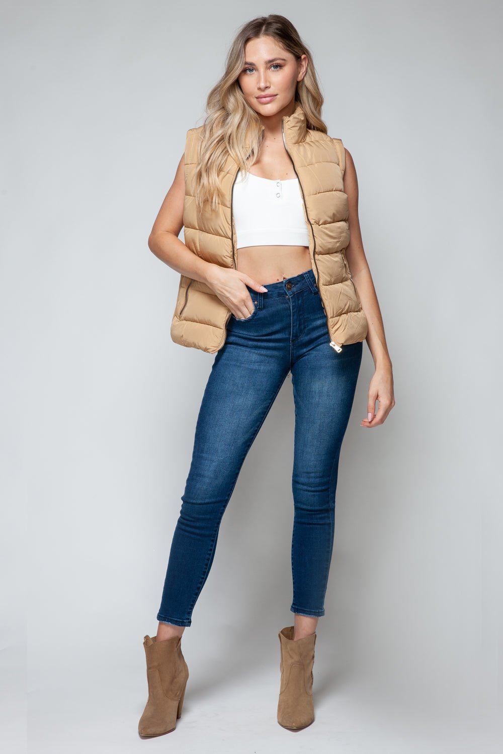 SNOBBISH - Zip Up Turtleneck Vest with Pockets in Iced Coffee