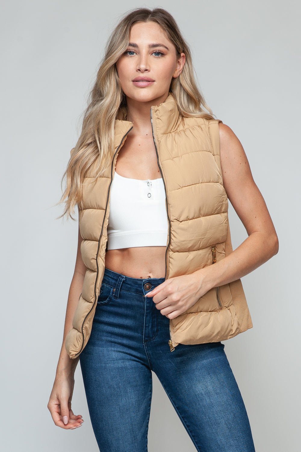 SNOBBISH - Zip Up Turtleneck Vest with Pockets in Iced Coffee