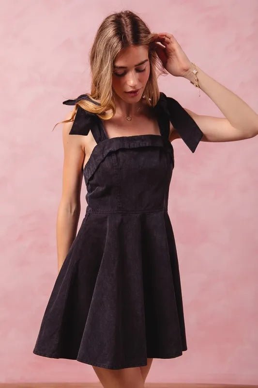SO ME - Black Bow Strap Fit & Flare Mini Dress
