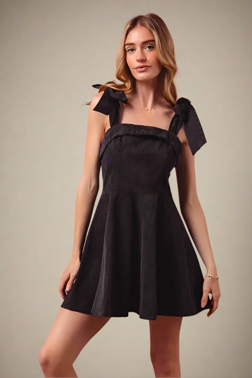SO ME - Black Bow Strap Fit & Flare Mini Dress