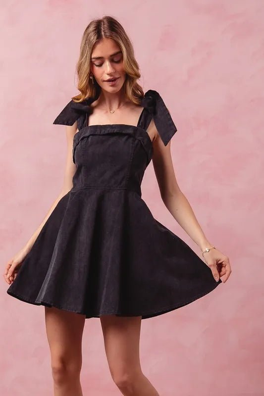 SO ME - Black Bow Strap Fit & Flare Mini Dress