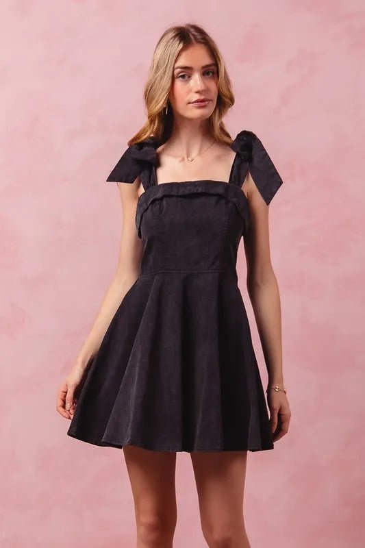 SO ME - Black Bow Strap Fit & Flare Mini Dress