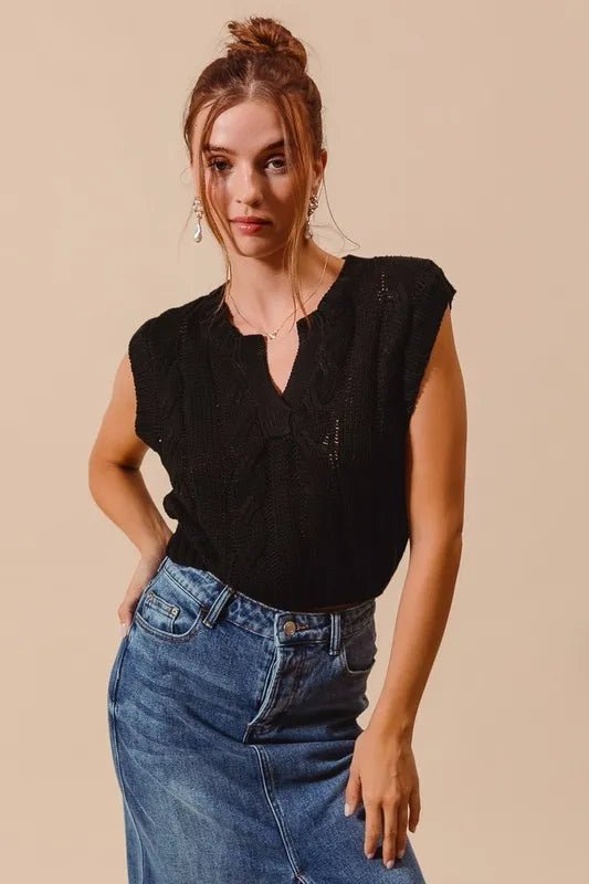 SO ME - Black Cable Knit V - Neck Sleeveless Sweater