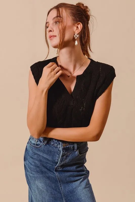 SO ME - Black Cable Knit V - Neck Sleeveless Sweater