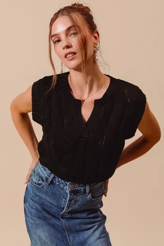 SO ME - Black Cable Knit V - Neck Sleeveless Sweater