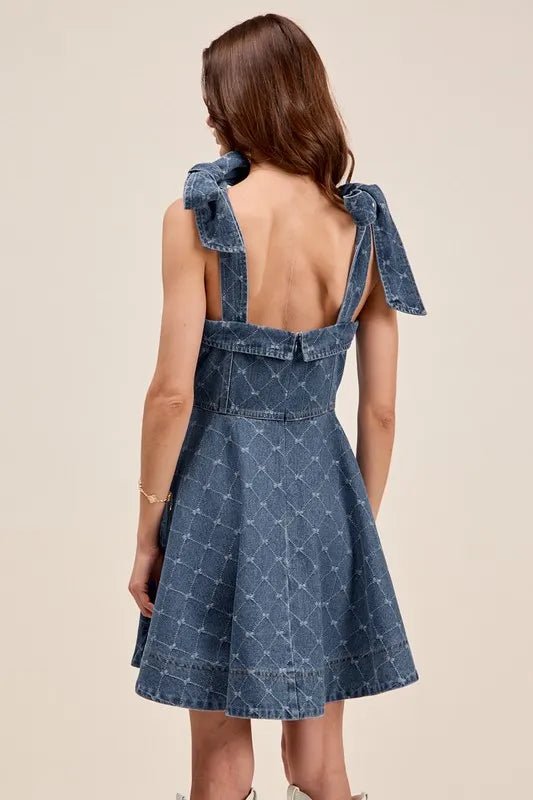 SO ME - Bow Strap Fit & Flare Denim Mini Dress in Washed Indigo
