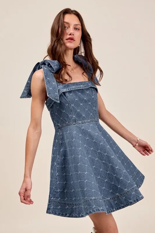 SO ME - Bow Strap Fit & Flare Denim Mini Dress in Washed Indigo