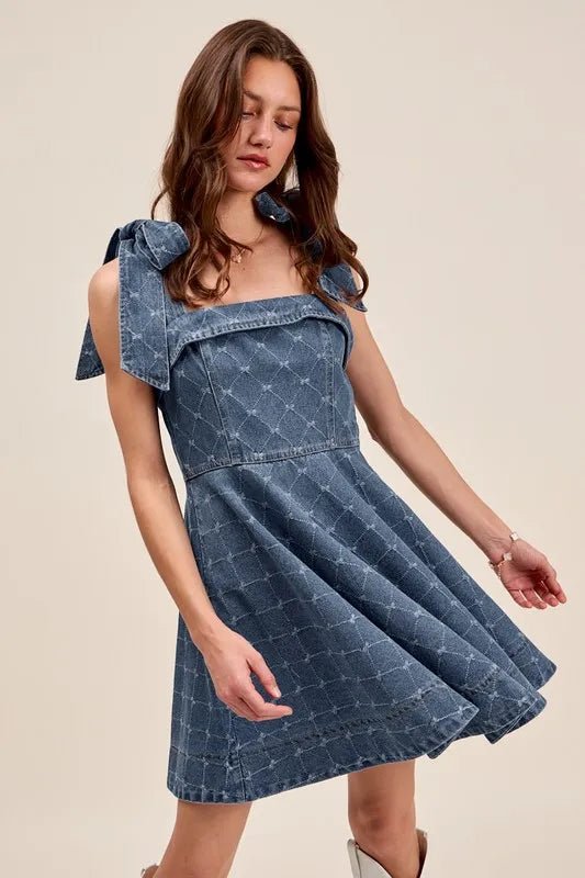 SO ME - Bow Strap Fit & Flare Denim Mini Dress in Washed Indigo