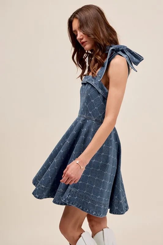 SO ME - Bow Strap Fit & Flare Denim Mini Dress in Washed Indigo