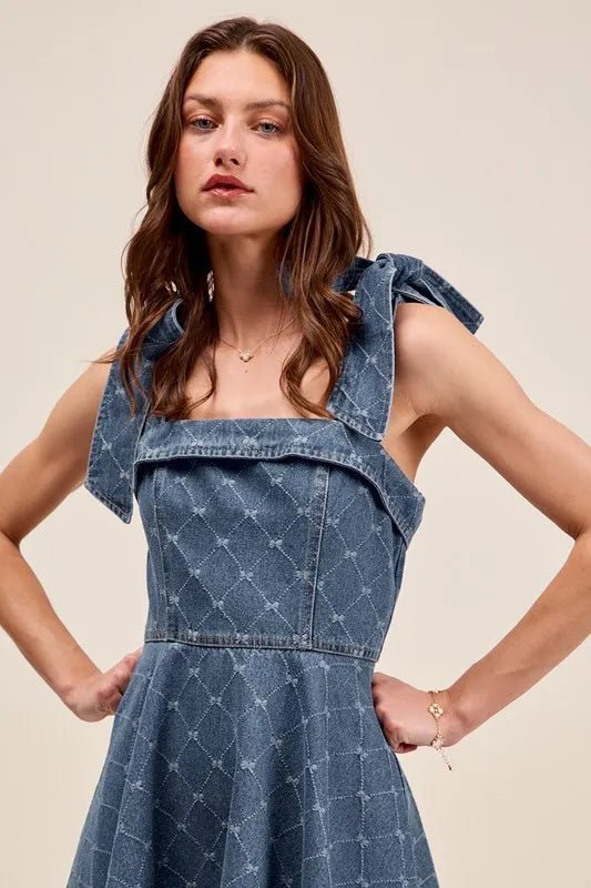 SO ME - Bow Strap Fit & Flare Denim Mini Dress in Washed Indigo