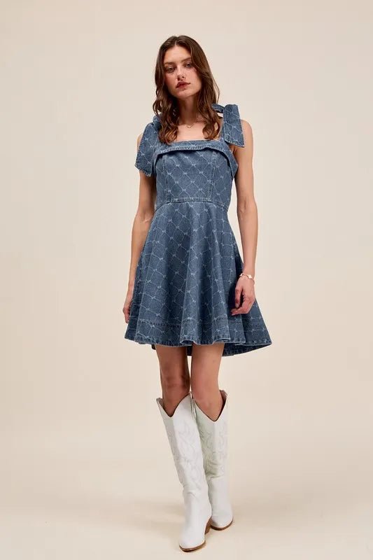 SO ME - Bow Strap Fit & Flare Denim Mini Dress in Washed Indigo