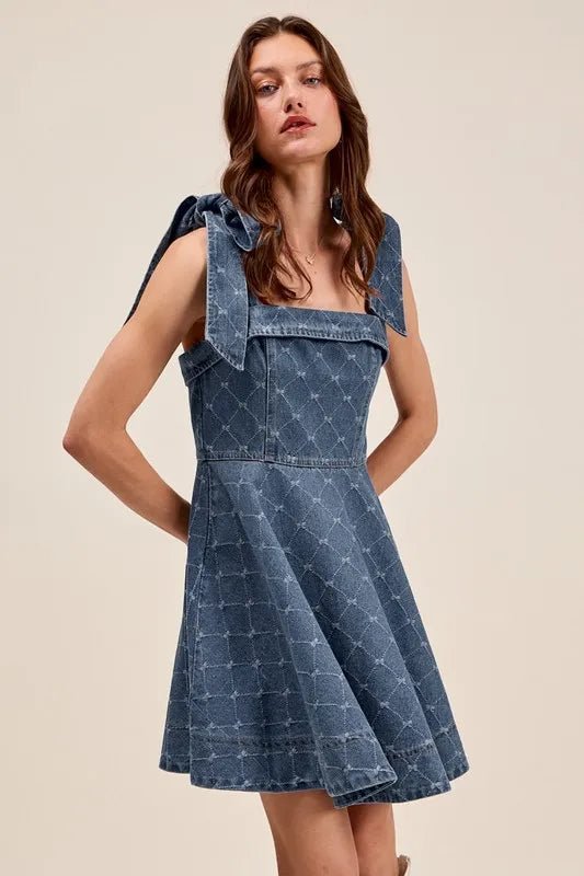 SO ME - Bow Strap Fit & Flare Denim Mini Dress in Washed Indigo