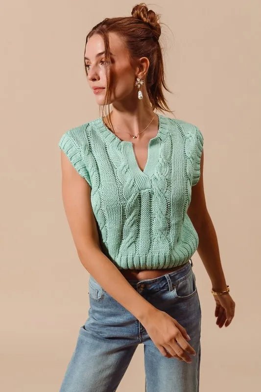 SO ME - Cable Knit Sweater Vest – Mint Blue