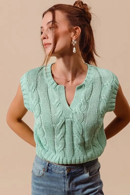 SO ME - Cable Knit Sweater Vest – Mint Blue