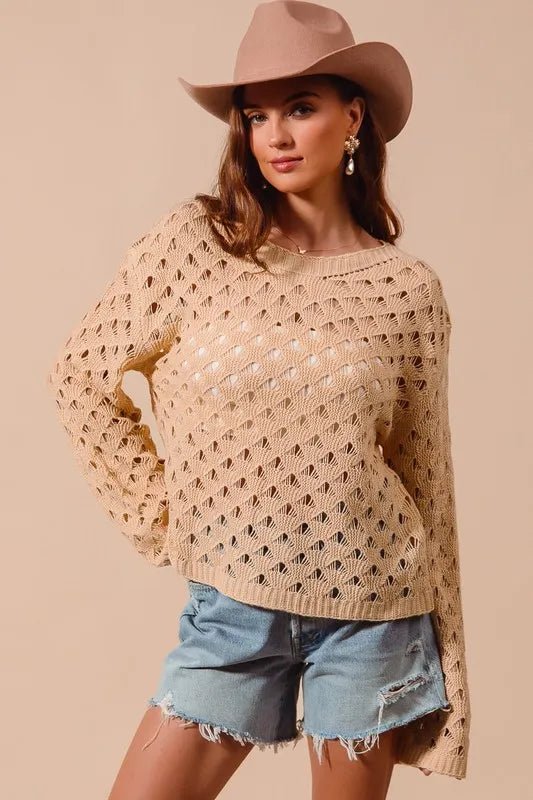 SO ME - Camel Pointelle Open Knit Sweater