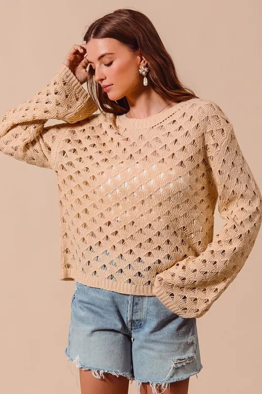 SO ME - Camel Pointelle Open Knit Sweater