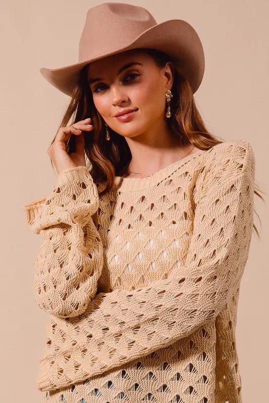 SO ME - Camel Pointelle Open Knit Sweater