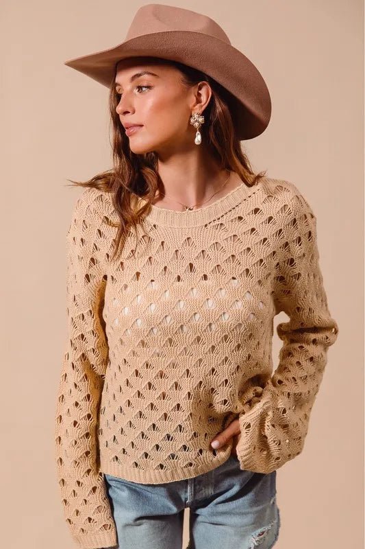 SO ME - Camel Pointelle Open Knit Sweater