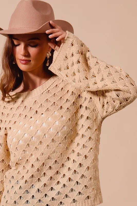 SO ME - Camel Pointelle Open Knit Sweater