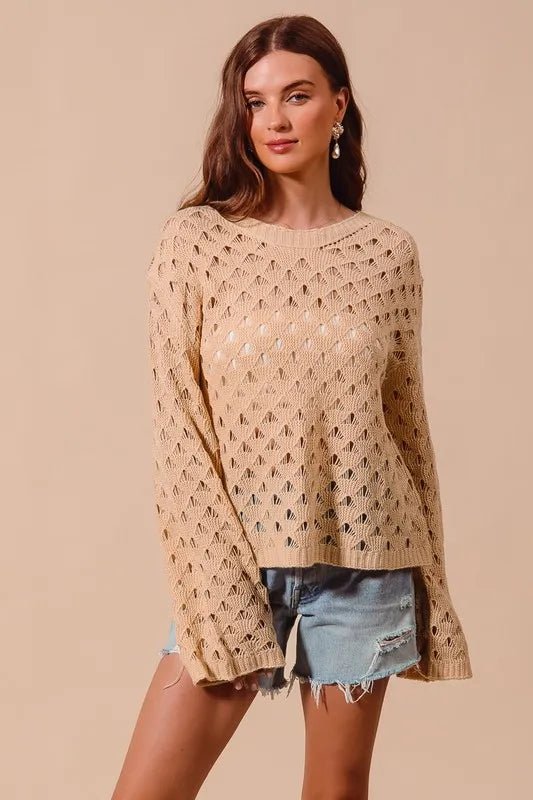 SO ME - Camel Pointelle Open Knit Sweater