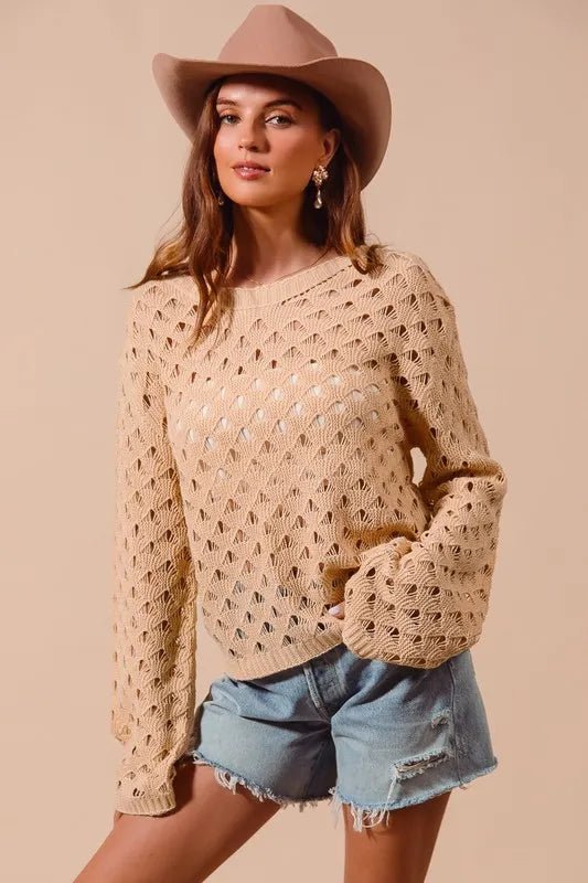SO ME - Camel Pointelle Open Knit Sweater