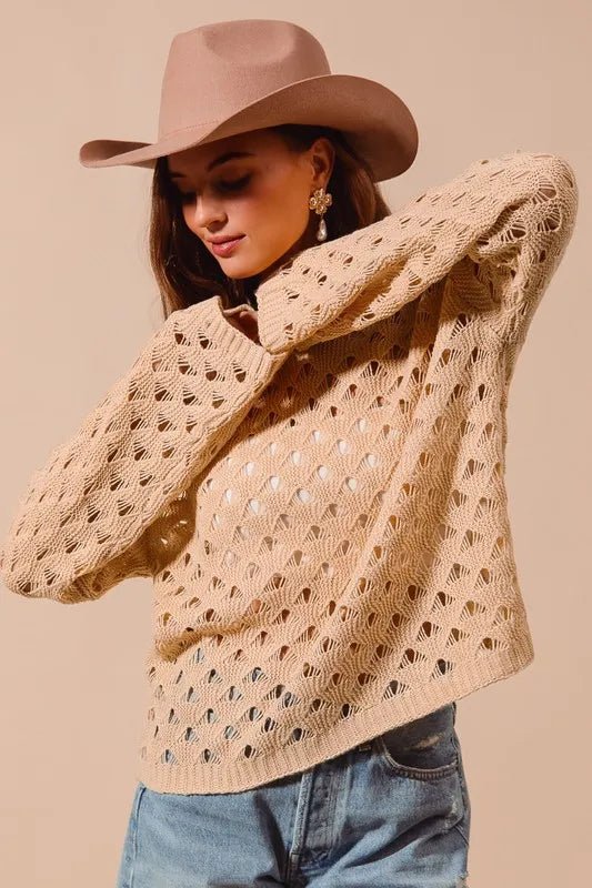 SO ME - Camel Pointelle Open Knit Sweater