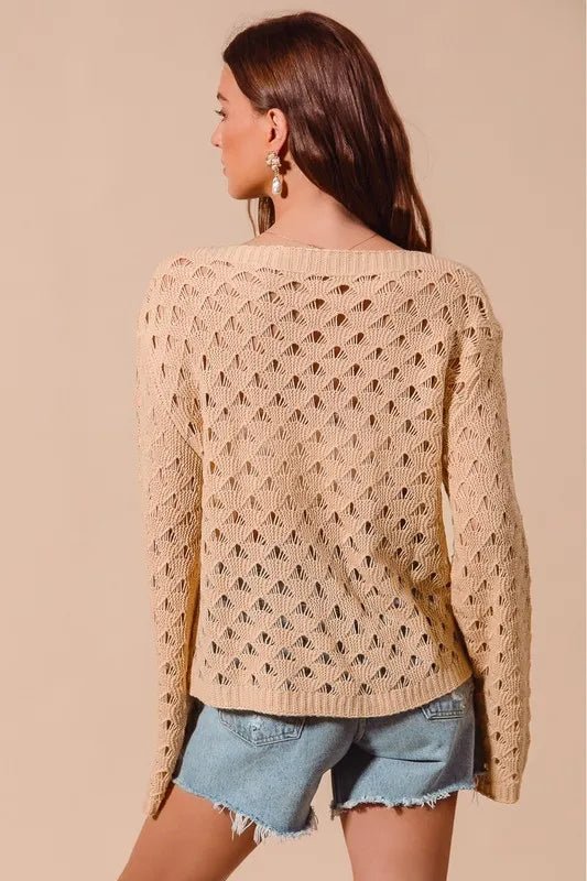 SO ME - Camel Pointelle Open Knit Sweater