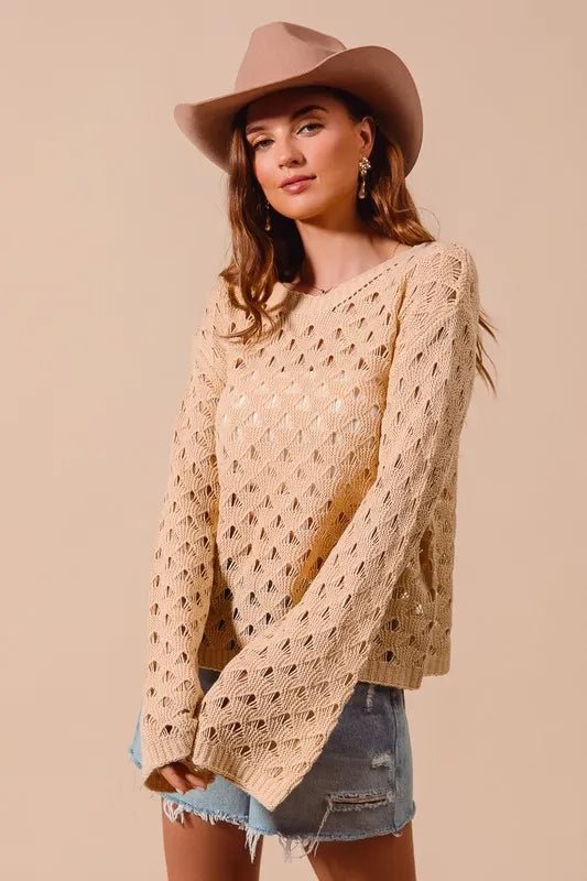SO ME - Camel Pointelle Open Knit Sweater