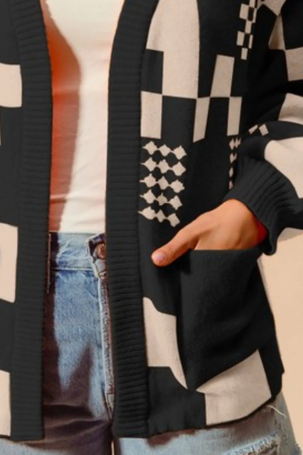 SO ME - Checkerboard Patchwork Knit Cardigan – Black & Ivory