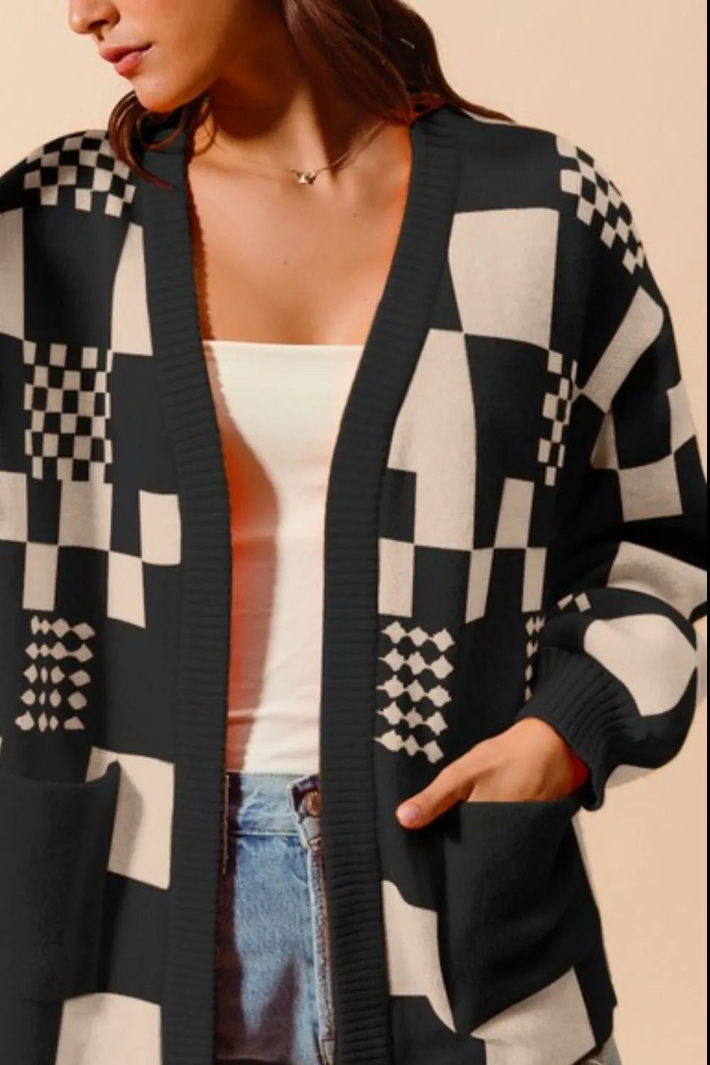 SO ME - Checkerboard Patchwork Knit Cardigan – Black & Ivory