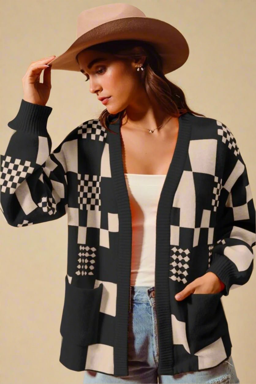 SO ME - Checkerboard Patchwork Knit Cardigan – Black & Ivory