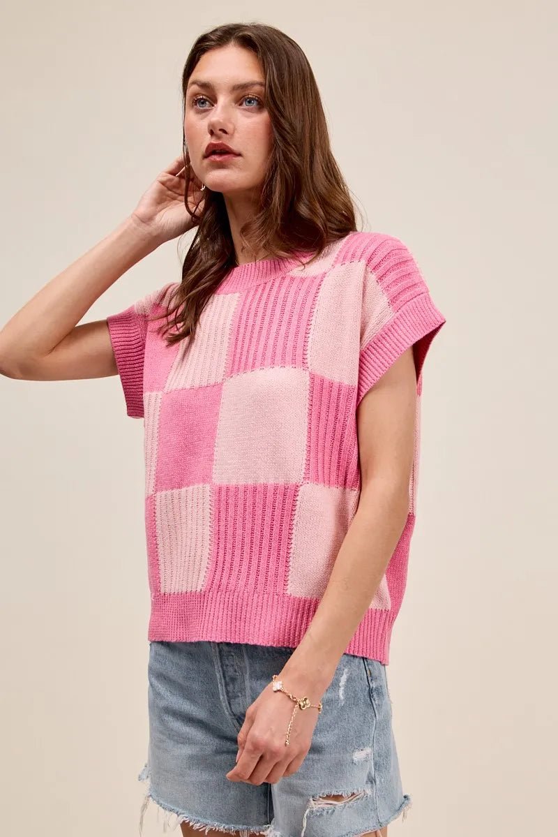 SO ME - Colorblock Checker Knit Sweater – Pink Mix