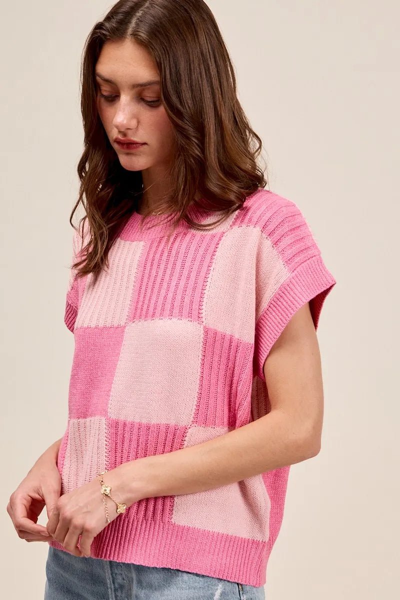 SO ME - Colorblock Checker Knit Sweater – Pink Mix