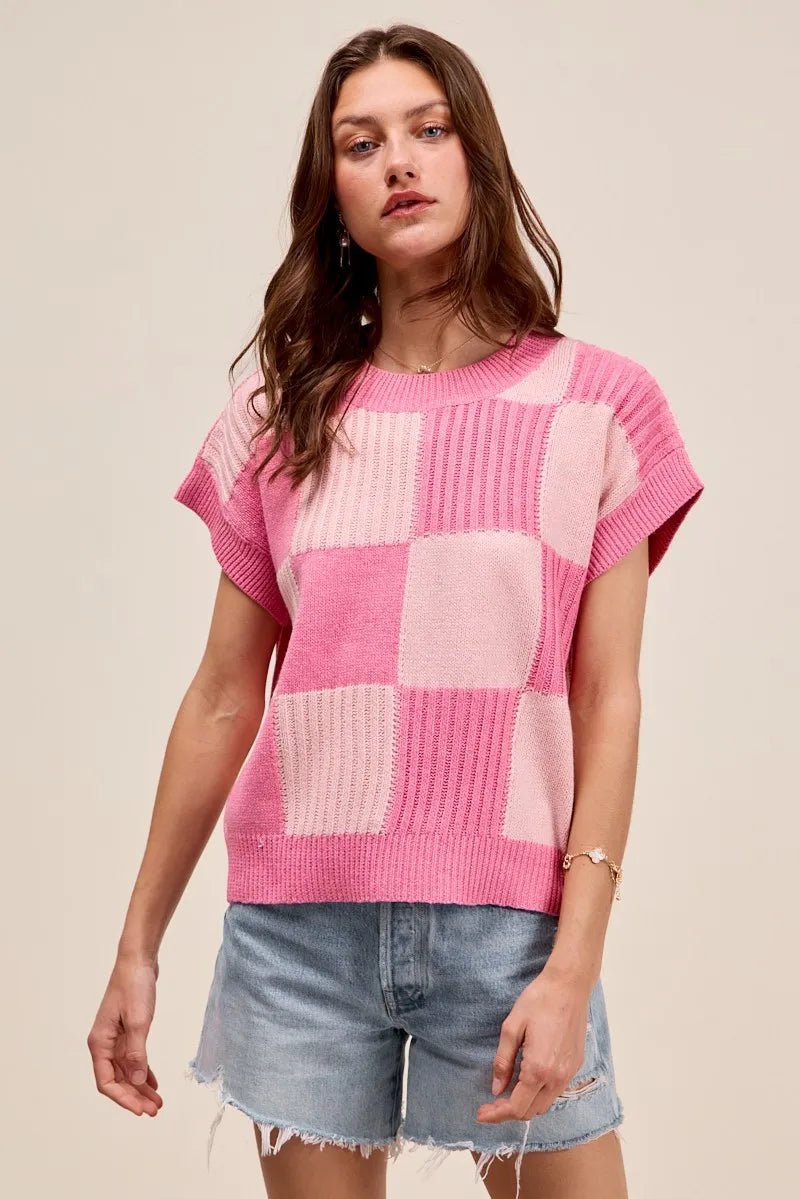 SO ME - Colorblock Checker Knit Sweater – Pink Mix