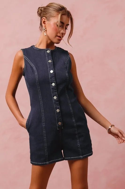 SO ME - Dark Denim Sleeveless Button Romper