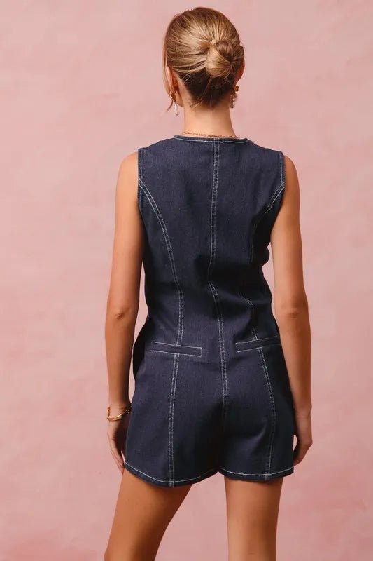 SO ME - Dark Denim Sleeveless Button Romper