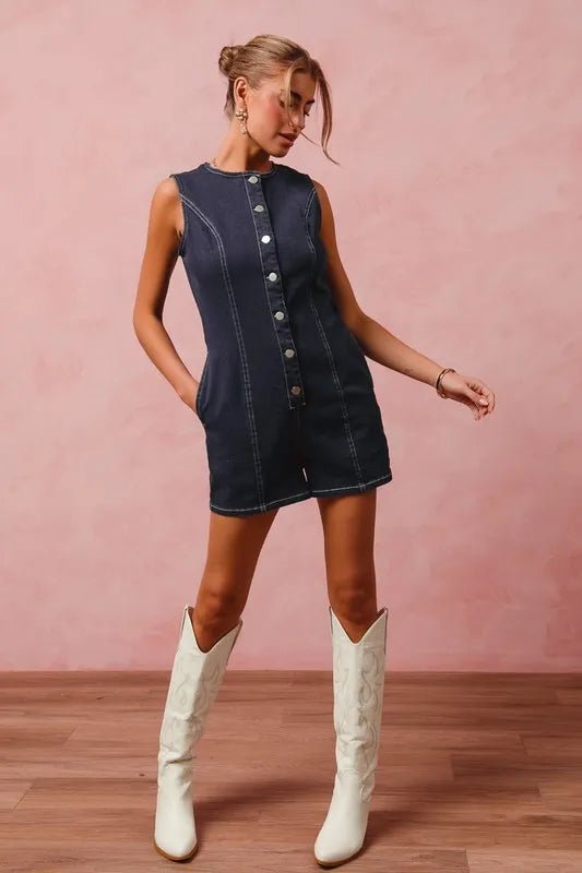SO ME - Dark Denim Sleeveless Button Romper