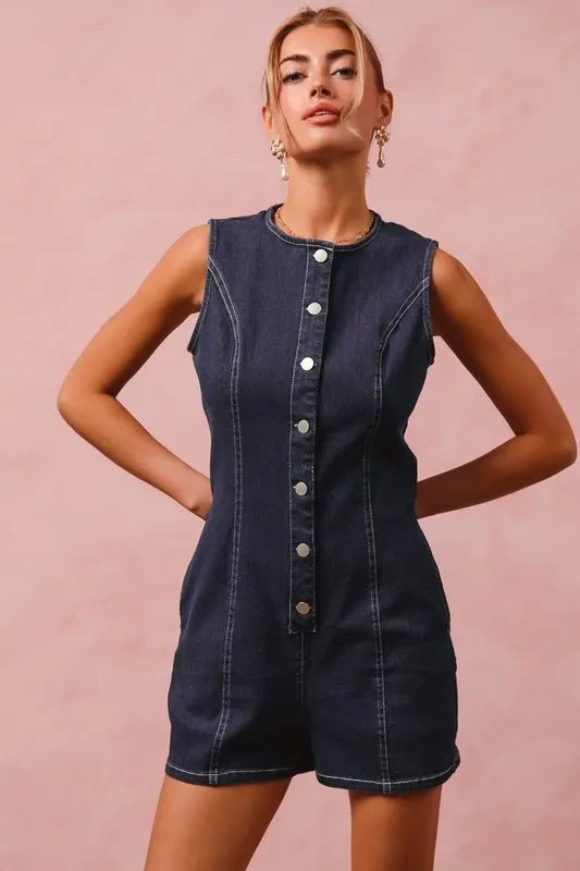 SO ME - Dark Denim Sleeveless Button Romper